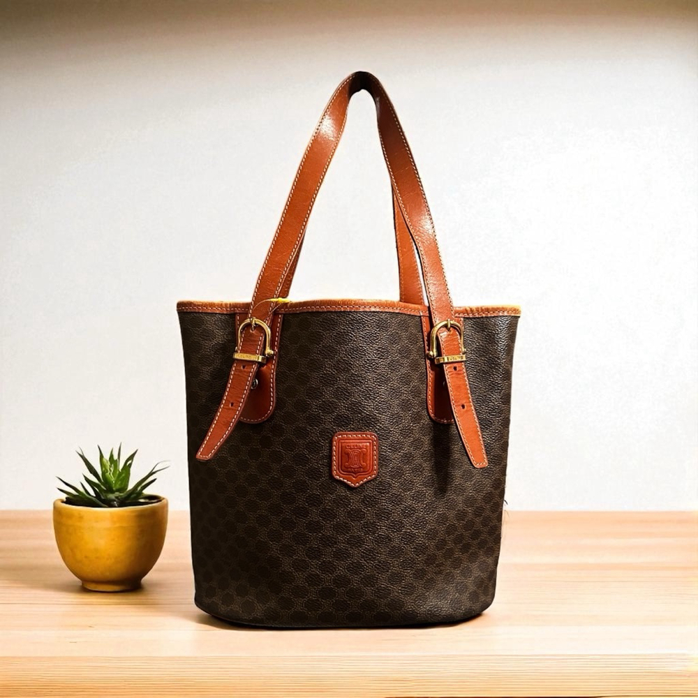 Celine Brown & Tan Macadam Monogram Bucket Bag